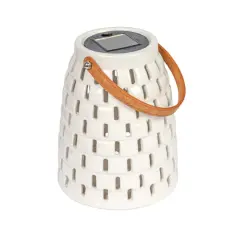 Hello Honey&reg; 8" White & Brown Stoneware Rechargeable LED Solar Powered Waterproof Lantern