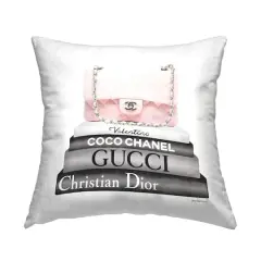 Stupell Industries Pastel Pink Designer Purse Glam Bookstack Throw Pillow, 18" x 18"