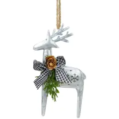 6.25" Silver Metal Reindeer Christmas Ornament with Black Gingham Bowtie & Pine