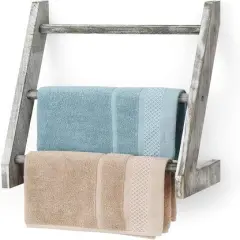 3-Tier Rustic Wood Farmhouse Wall Hanging Ladder Towel Rack Gray