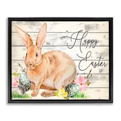 Stupell Industries Spring Floral Happy Easter Bunny Floater Framed Art Black