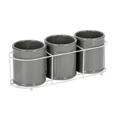 Hello Honey&reg; 11.5" Gray Farmhouse Ceramic Crocks in White Metal Holder