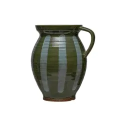 Hello Honey&reg; 10" Green & White Hand Painted Striped Stoneware Pitcher