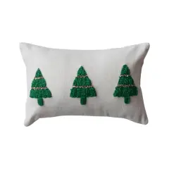 Hello Honey&reg; 14" x 9" Natural & Green Embroidered Christmas Trees Cotton Slub Lumbar Pillow