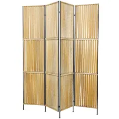 Light Brown Rattan Handmade Hinged Foldable Partition 4 Panel Room Divider Screen with Wrapped Seagrass Design 63" x 1" x 71"