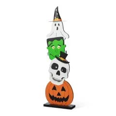 Glitzhome&reg; 36" Halloween Wood Stacked Ghost, Frankenstein, Skull & Pumpkin Porch D&eacute;cor