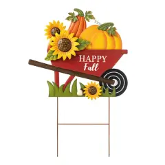 Glitzhome&reg; 2.5ft. Fall Metal Wheel Barrow Pumpkin Yard Stake