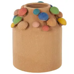 10" Brown with Multicolor Mushrooms & White Speckles Wide Ceramic Decorative Vase 