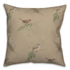 Brown Pine & Birds Throw Pillow