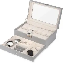 NEX&trade; Gray Double Layer Leather Watch Box with Glass Top