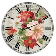 Designart 'Red Painted Flowers On Vintage Postcard Ii Farmhouse Wall Clock