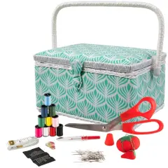 SINGER&reg; Large Blue Boho Fan Print Sewing Basket with Sewing Scissors & Notions