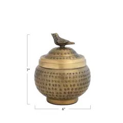 Hello Honey&reg; 7" Antique Brass Finish Hammered Aluminum Sphere Container with Lid & Bird