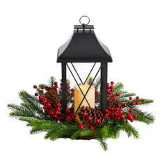 16" Christmas Berries, Pinecones & Greenery with Lantern and LED Candle Artificial Table Arrangement