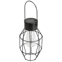 9.5" Black Geometric Oblong Outdoor Hanging Solar Lantern with Handle
