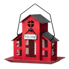 Glitzhome&reg; 12" Red Metal Barn Hanging Bird Feeder