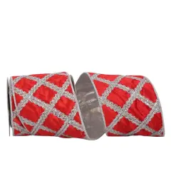 JAM Paper 4" x 5yd. Red & Silver Diamond Lattice Overlay Wired Plush Velvet Ribbon