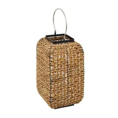 20" Brown Dried Plant Handmade Rattan Weaved Candle Lantern with Glass Holder and Handle