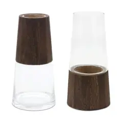 11" Tapered Glass & Wood Vase Set