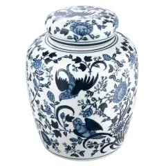 Hello Honey&reg; 8" Blue & White Decorative Bird Ceramic Ginger Jar with Lid
