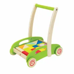 Hape Green Block & Roll Cart Toddler Wooden Push & Pull Toy