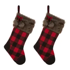 Glitzhome&reg; 21" Black And Red Buffalo Plaid Pompom Stocking, Set Of 2