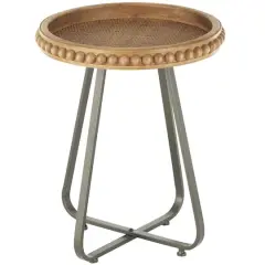20.5" Brown Wood Beaded Accent Table with Rounded Gray Metal Base & Rattan Accent