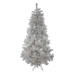 4.5ft. Pre-Lit Silver Metallic Tinsel Artificial Christmas Tree, Clear Lights