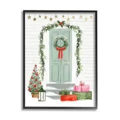 Stupell Industries Christmas Presents Wreath Doorstep Framed Giclee Art Black