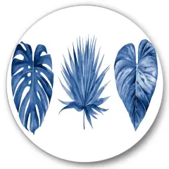 Designart - Classic Blue Tropical Leaves - Tropical Metal Circle Wall Art