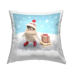 Stupell Industries Snowy Penguin Holiday Sled with Gift Throw Pillow