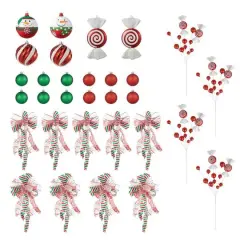 Glitzhome&reg; Whimsical Red & Green Shatterproof Ornaments, Candy Picks & Ribbon Bow Set