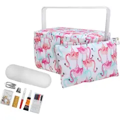 SINGER&reg; Large Flamingo Print Sewing Basket with Matching Pouch Sew Kit