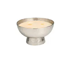 White Wax Jasmine Scented Candle with Elevated Wide Hammered Silver Container