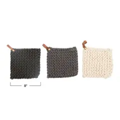 Hello Honey&reg; Gray & Cream Square Leather Loop Crochet Cotton Pot Holder Set