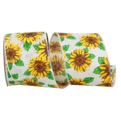 Reliant 2.5" x 10yd. Linen Wired Sunflowers All Around Ribbon White and Yellow