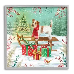 Stupell Industries Puppy On Sled Christmas Gifts Framed Giclee Art Gray