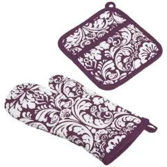 DII&reg; Damask Oven Mitt & Potholder Set Eggplant