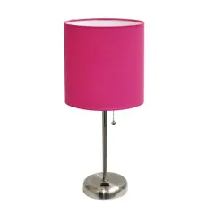 LimeLights 19.5" Stick Lamp with Charging Outlet and Fabric Shade Brushed Steel and Pink