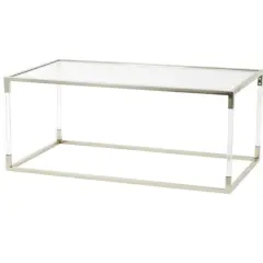 46" Silver Metal Minimalistic Open Framed Living Room Coffee Table with Clear Glass Top & Acrylic Legs
