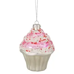 4" Pink & White Cupcake with Sprinkles Glass Ornament
