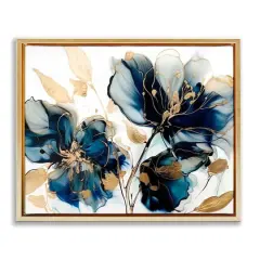 Stupell Industries Blue Swirling Modern Flowers Floater Framed Art Gold