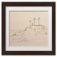 Crosses On Hill Sketch 6 16" x 20" Walnut Framed Print Under Plexiglass