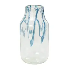 13" Cream with Wavy Blue Design Abstract Glass Vase
