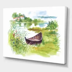Designart - Rural Green Landscape With Boat - Lake House Canvas Wall Art Print