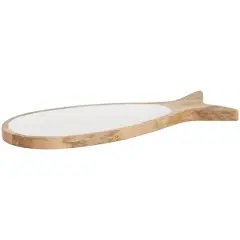 20" Mango Wood Fish Tray with White Enameled Interior