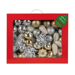 Glitzhome&reg; Elegant Silver & Gold Shatterproof Ornaments, Pinecone Picks & Ribbon Bow Set