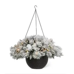 Glitzhome&reg; 24" Pre-Lit Snow Flocked Christmas Artificial Pine Poinsettia Hanging Basket, White Lights