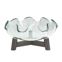 9" Clear Glass Floral Inspired Serving Bowl with Bronze Hammered Y-Shaped Stand