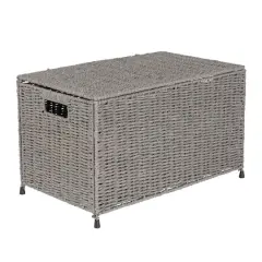 Gray Woven Paper Rope Storage Chest with Hinged Lid & Integrated Handles
